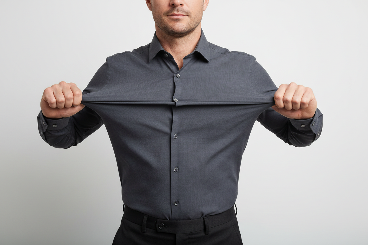 Modelo puxando camisa de botão tech